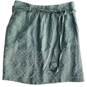 BANANA REPUBLIC Skirt Mini Linen Embroidered Belted Pockets Lined Women 2 Green